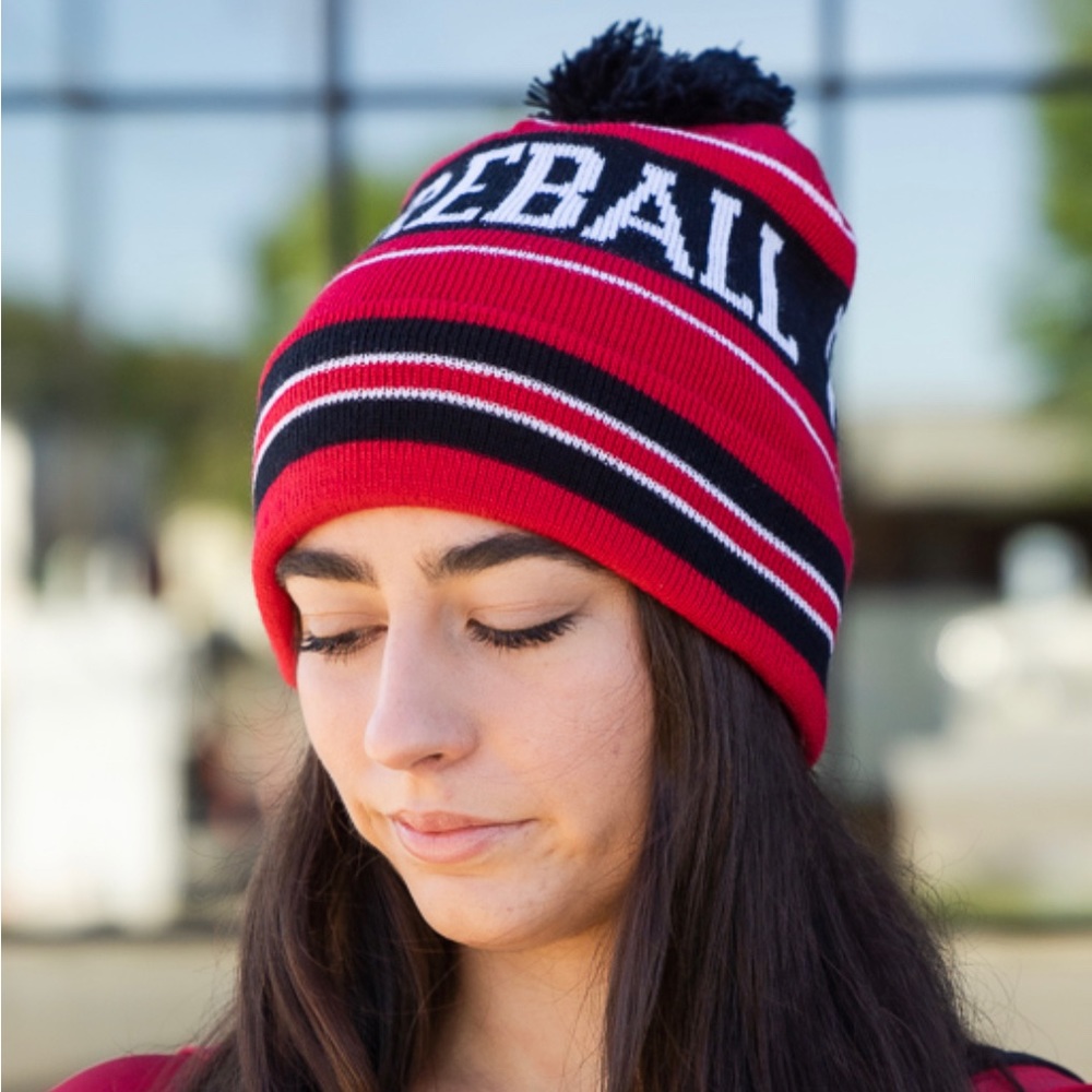FIREBALL WHISKY WINTER POM POMPOM KNIT HAT - RED, WHITE & BLACK